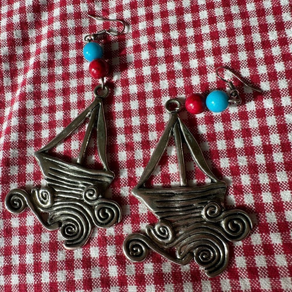 Earrings Pierced Fishhook Silver Sailboat Nautical Coastal Hand Crafted